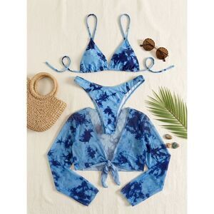 10 items for $20 Blue Tie Dye 2-Piece Bikini &Long Sleeve Mesh Cover Up - Size L